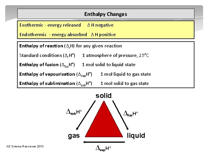 Enthalpy Changes Exothermic - energy released ∆ H negative Endothermic - energy absorbed ∆