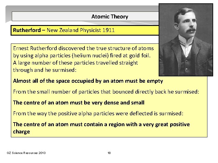 Atomic Theory Rutherford – New Zealand Physicist 1911 Ernest Rutherford discovered the true structure