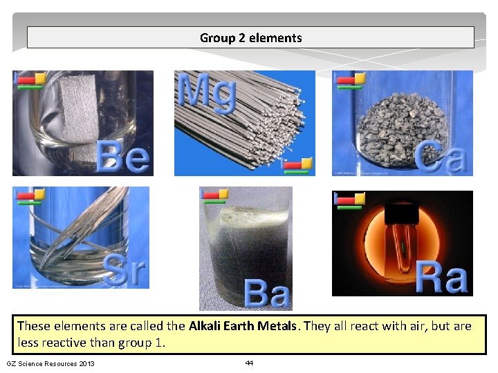 Group 2 elements These elements are called the Alkali Earth Metals. They all react