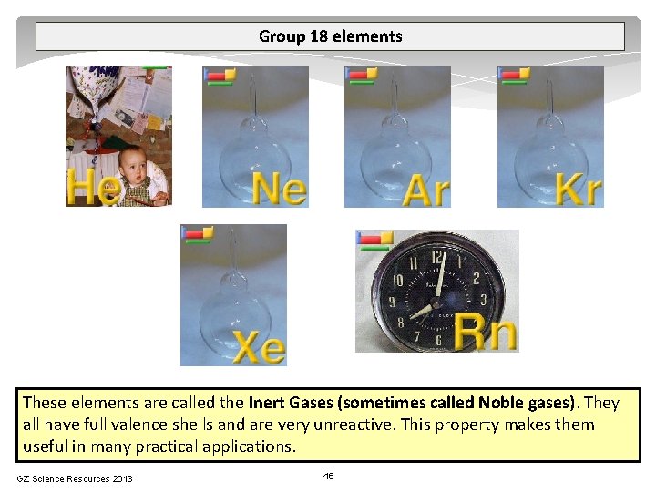 Group 18 elements These elements are called the Inert Gases (sometimes called Noble gases).
