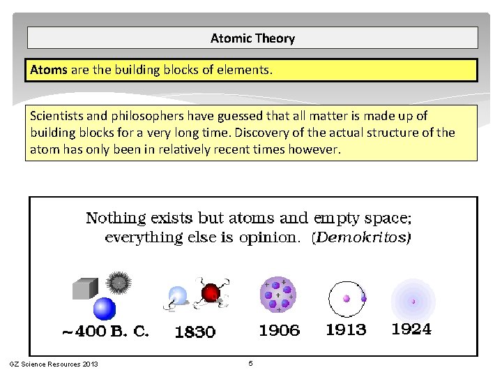 Atomic Theory Atoms are the building blocks of elements. Scientists and philosophers have guessed