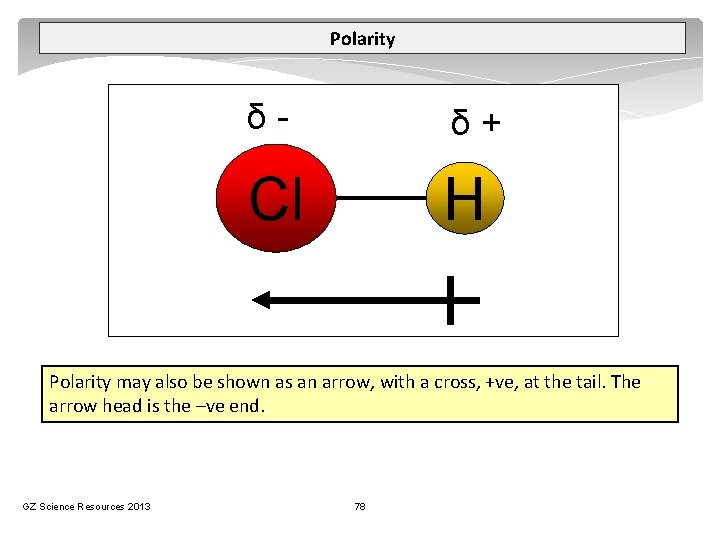 Polarity δ- δ+ Cl H Polarity may also be shown as an arrow, with