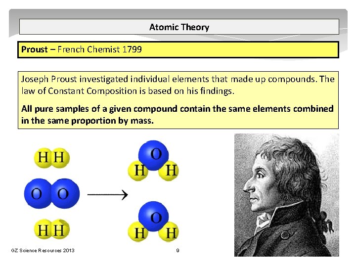 Atomic Theory Proust – French Chemist 1799 Joseph Proust investigated individual elements that made