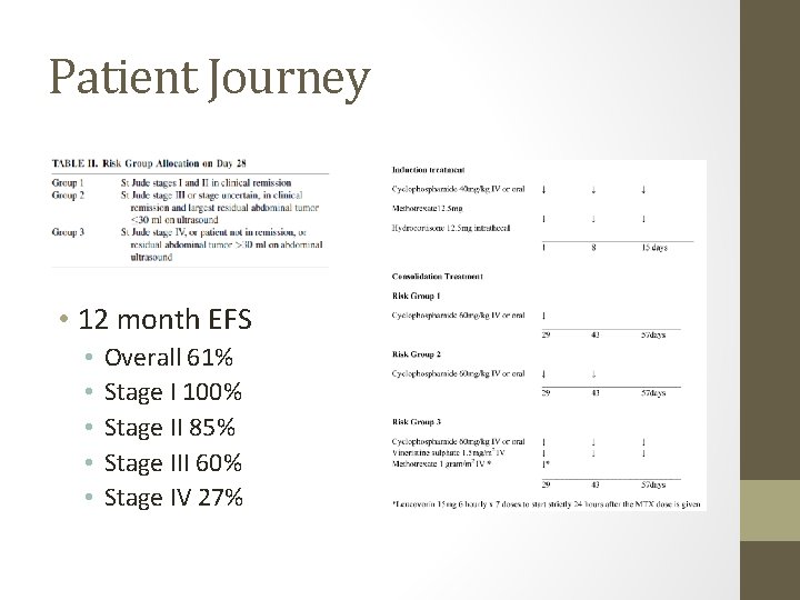 Patient Journey • 12 month EFS • • • Overall 61% Stage I 100%
