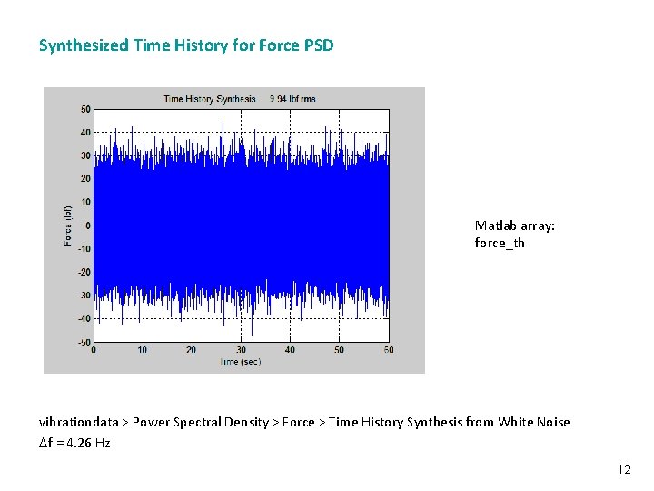 Synthesized Time History for Force PSD Vibrationdata Matlab array: force_th vibrationdata > Power Spectral