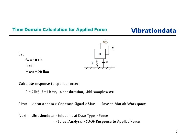Time Domain Calculation for Applied Force Vibrationdata Let fn = 10 Hz Q=10 mass