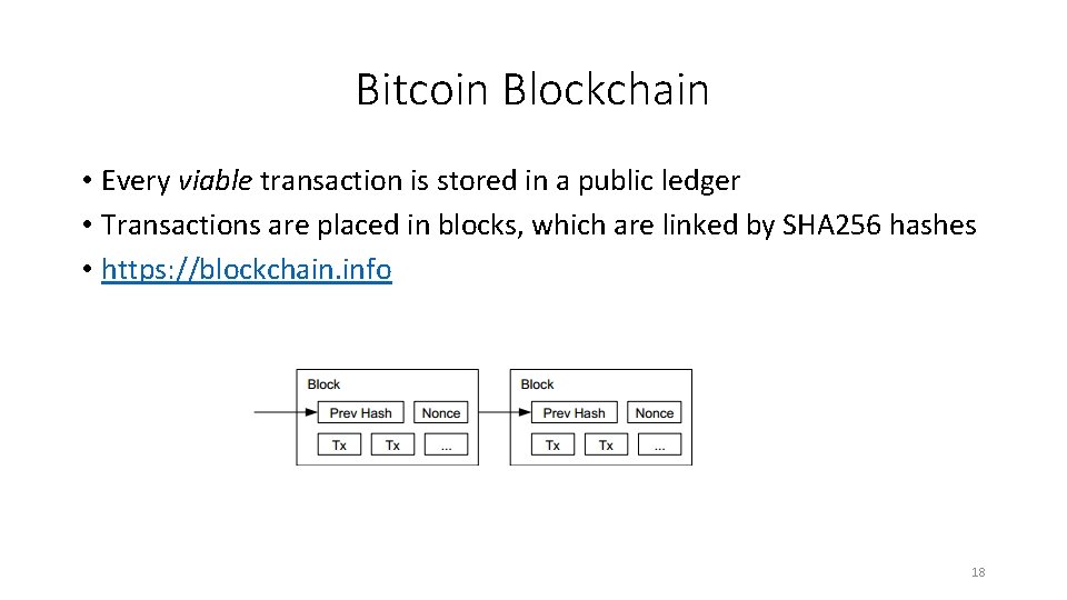 Bitcoin Blockchain • Every viable transaction is stored in a public ledger • Transactions