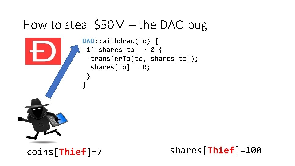 How to steal $50 M – the DAO bug DAO: : withdraw(to) { if