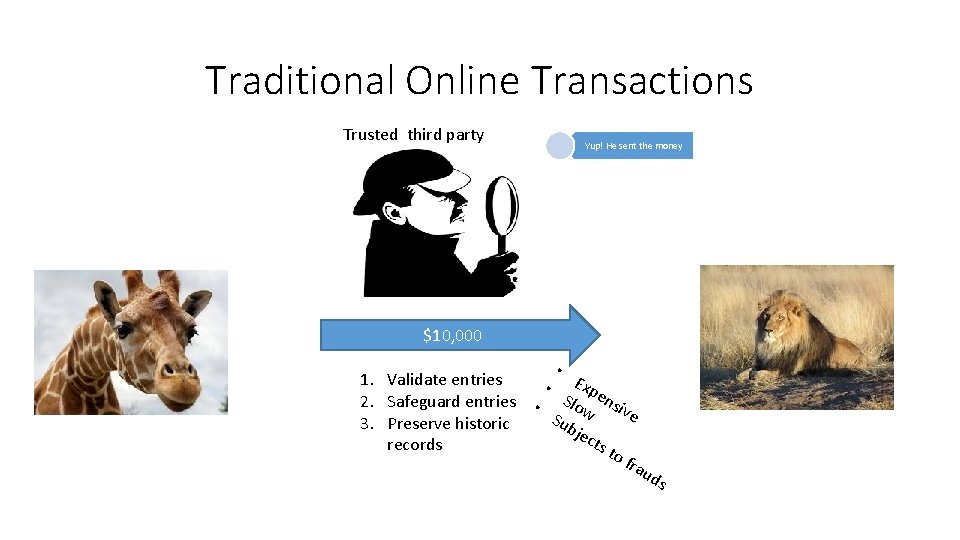 Traditional Online Transactions Trusted third party Yup! He sent the money $10, 000 •