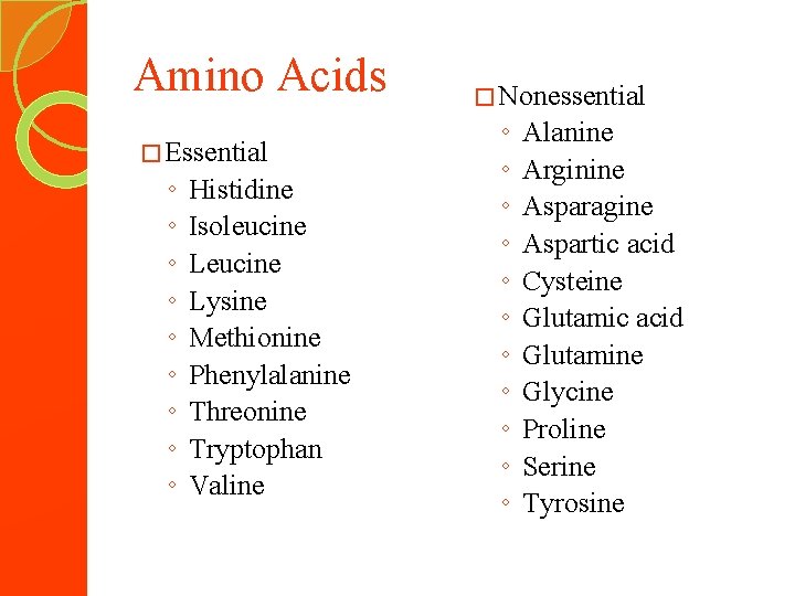 Amino Acids � Essential ◦ ◦ ◦ ◦ ◦ Histidine Isoleucine Lysine Methionine Phenylalanine