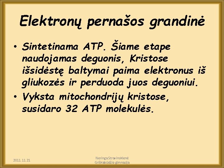 Elektronų pernašos grandinė • Sintetinama ATP. Šiame etape naudojamas deguonis, Kristose išsidėstę baltymai paima