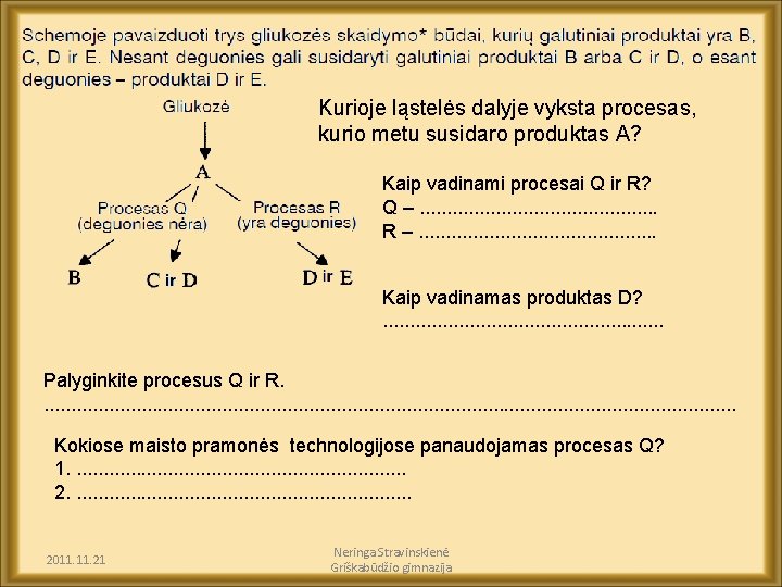 Kurioje ląstelės dalyje vyksta procesas, kurio metu susidaro produktas A? Kaip vadinami procesai Q