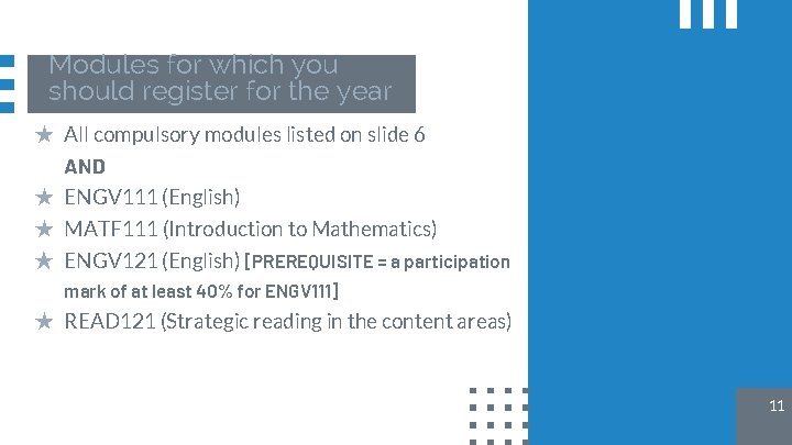 Modules for which you should register for the year ★ All compulsory modules listed Modules for which you should register for the year ★ All compulsory modules listed