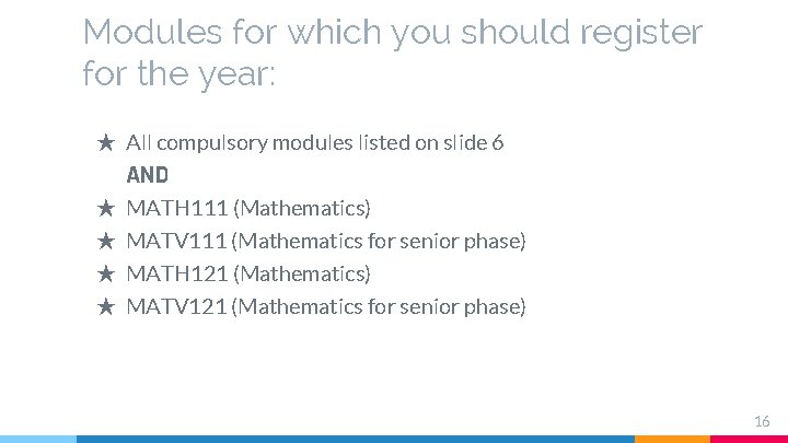 Modules for which you should register for the year: ★ All compulsory modules listed Modules for which you should register for the year: ★ All compulsory modules listed