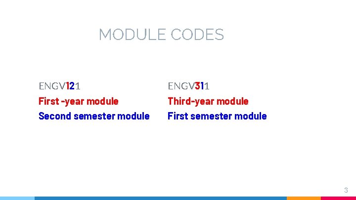 MODULE CODES ENGV 121 ENGV 311 First -year module Second semester module Third-year module MODULE CODES ENGV 121 ENGV 311 First -year module Second semester module Third-year module