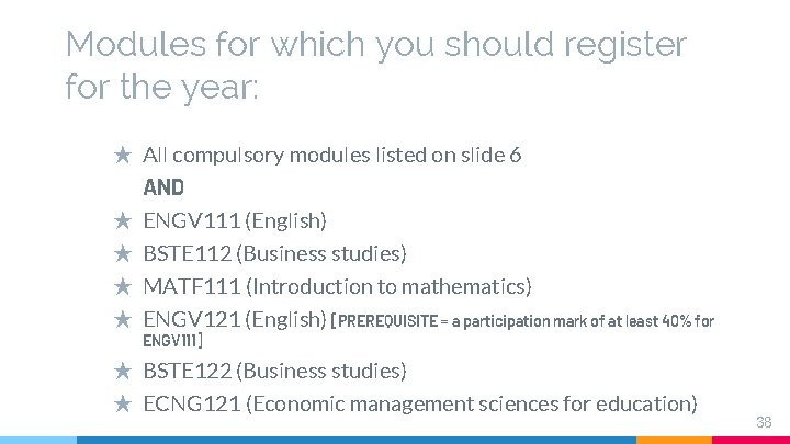 Modules for which you should register for the year: ★ All compulsory modules listed Modules for which you should register for the year: ★ All compulsory modules listed