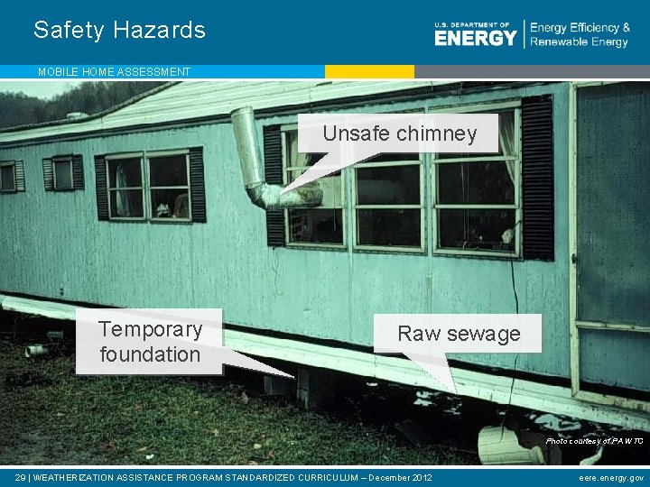 Safety Hazards MOBILE HOME ASSESSMENT Unsafe chimney Temporary foundation Raw sewage Photo courtesy of