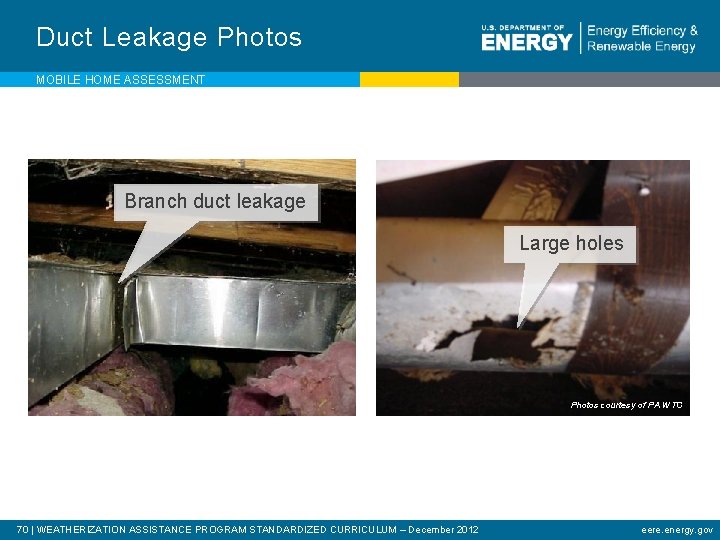 Duct Leakage Photos MOBILE HOME ASSESSMENT Branch duct leakage Large holes Photos courtesy of