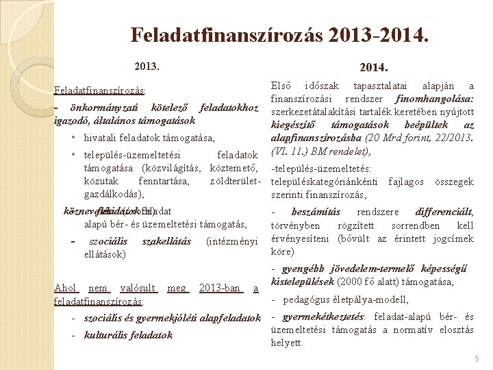 Feladatfinanszírozás 2013 -2014. 2013. 2014. Feladatfinanszírozás: - önkormányzati kötelező feladatokhoz igazodó, általános támogatások •