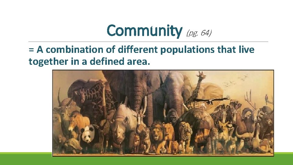 Community (pg. 64) = A combination of different populations that live together in a