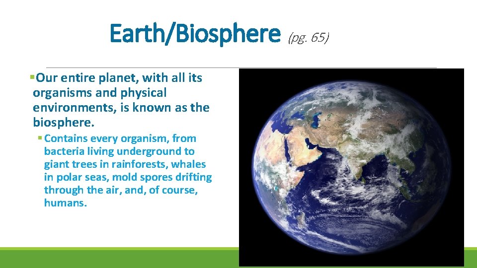 Earth/Biosphere (pg. 65) §Our entire planet, with all its organisms and physical environments, is