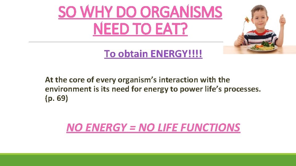 SO WHY DO ORGANISMS NEED TO EAT? To obtain ENERGY!!!! At the core of
