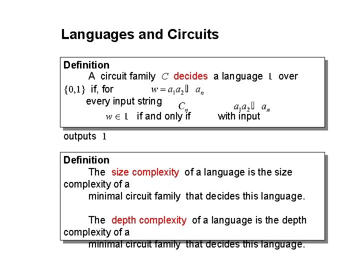 Languages and Circuits Definition A circuit family C decides a language L over {0,