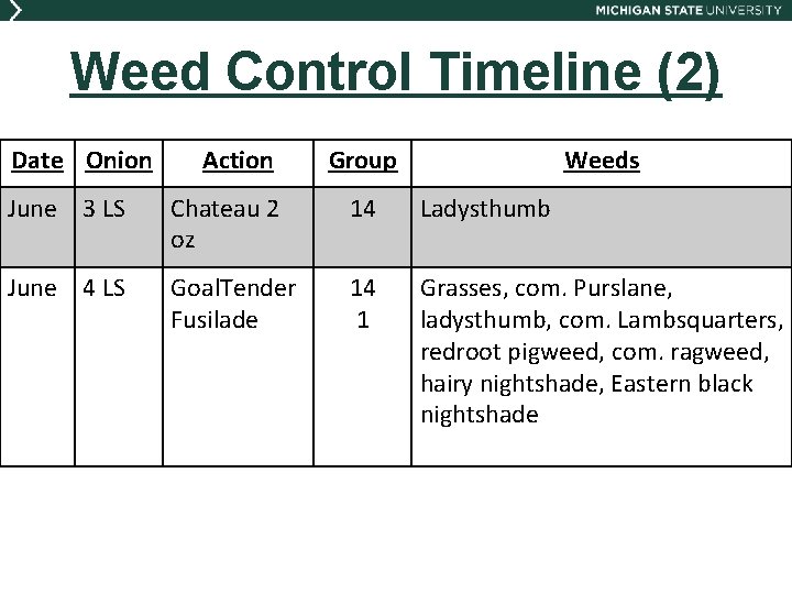 Weed Control Timeline (2) Date Onion Action Group Weeds June 3 LS Chateau 2