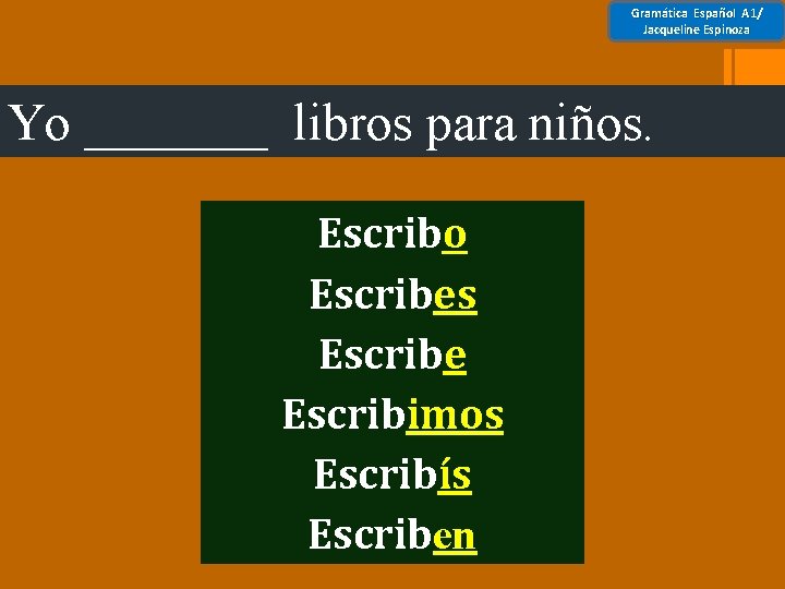 Gramática Español A 1/ Jacqueline Espinoza Yo _______ libros para niños. Escribo Escribes Escribe