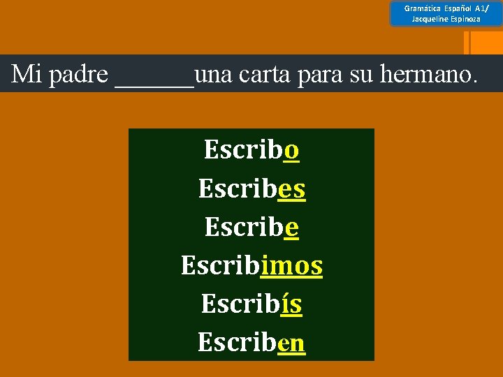 Gramática Español A 1/ Jacqueline Espinoza Mi padre ______una carta para su hermano. Escribo