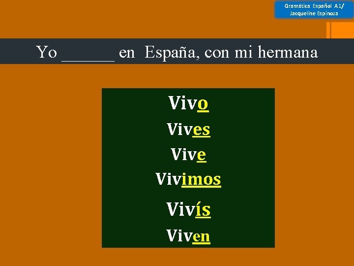 Gramática Español A 1/ Jacqueline Espinoza Yo ______ en España, con mi hermana Vivo