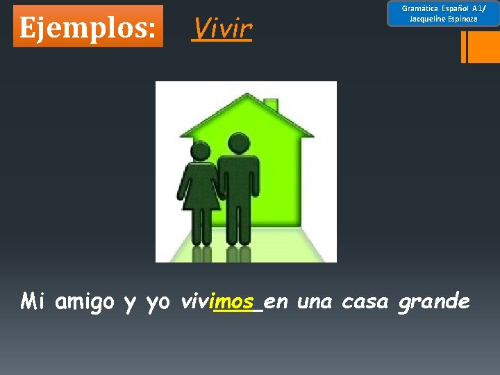 Ejemplos: Vivir Gramática Español A 1/ Jacqueline Espinoza Mi amigo y yo vivimos en