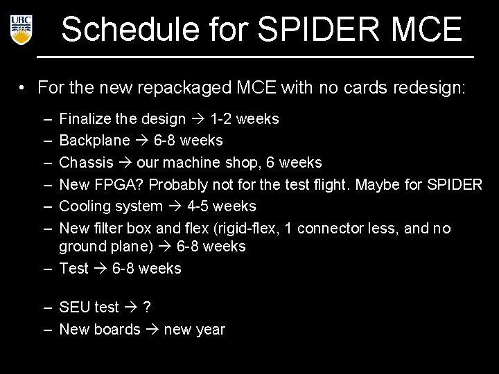 Schedule for SPIDER MCE • For the new repackaged MCE with no cards redesign: