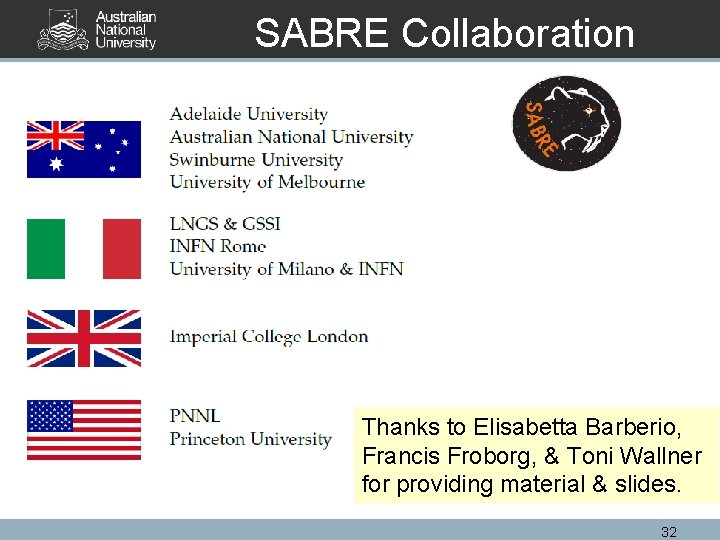 SABRE Collaboration Thanks to Elisabetta Barberio, Francis Froborg, & Toni Wallner for providing material