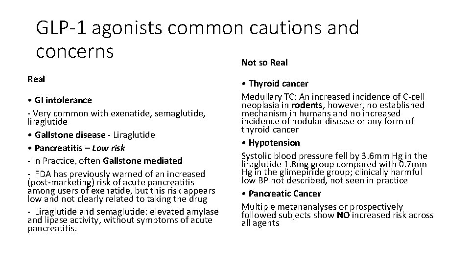 GLP-1 agonists common cautions and concerns Not so Real • GI intolerance - Very