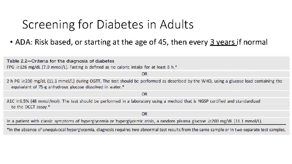 Screening for Diabetes in Adults • ADA: Risk based, or starting at the age