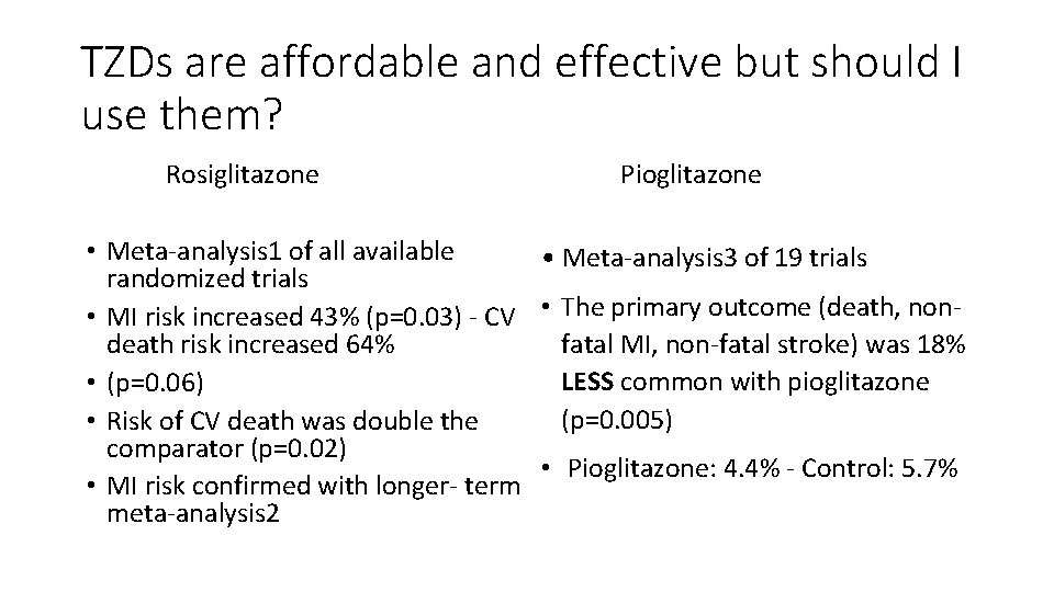 TZDs are affordable and effective but should I use them? Rosiglitazone Pioglitazone • Meta-analysis