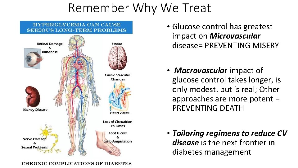 Remember Why We Treat • Glucose control has greatest impact on Microvascular disease= PREVENTING