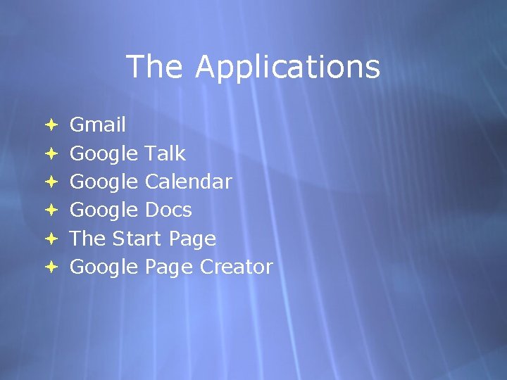 The Applications Gmail Google Talk Google Calendar Google Docs The Start Page Google Page