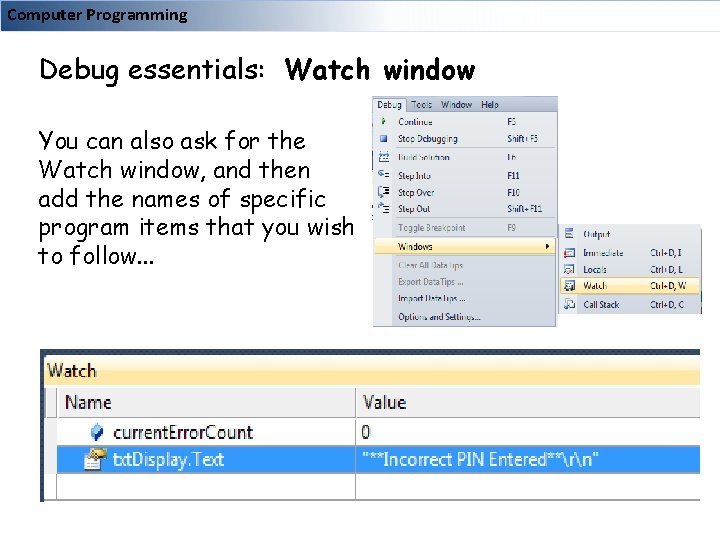 Computer Programming Debug essentials: Watch window You can also ask for the Watch window,