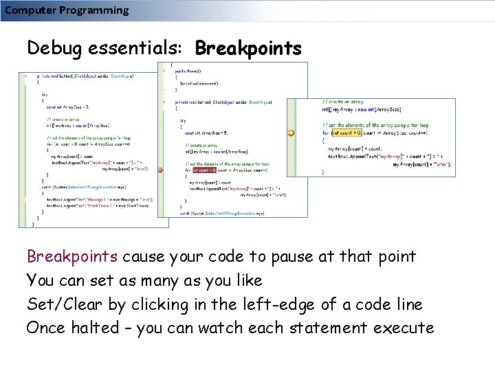 Computer Programming Debug essentials: Breakpoints cause your code to pause at that point You