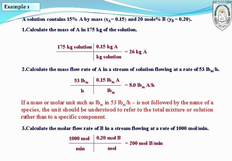 Example 1 A solution contains 15% A by mass (x. A= 0. 15) and