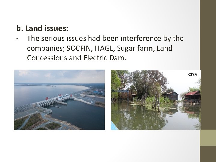b. Land issues: - The serious issues had been interference by the companies; SOCFIN,