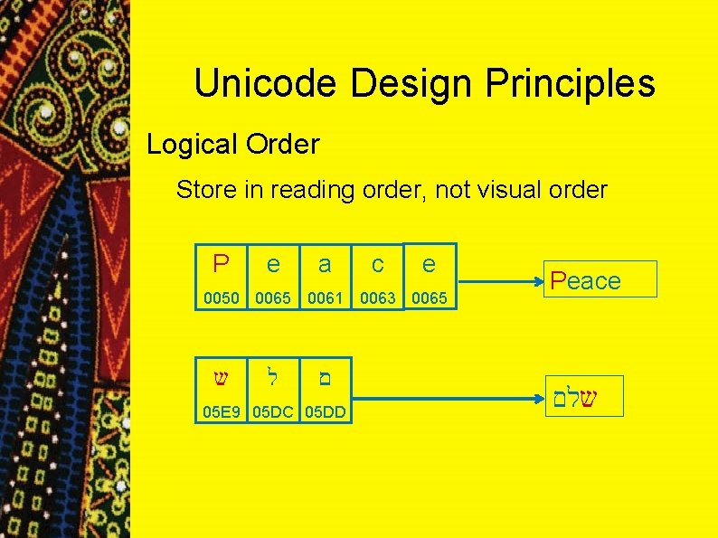 Unicode Design Principles Logical Order Store in reading order, not visual order P e Unicode Design Principles Logical Order Store in reading order, not visual order P e