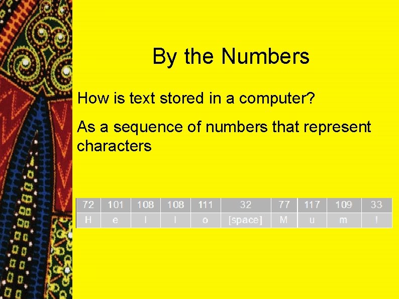 By the Numbers How is text stored in a computer? As a sequence of By the Numbers How is text stored in a computer? As a sequence of
