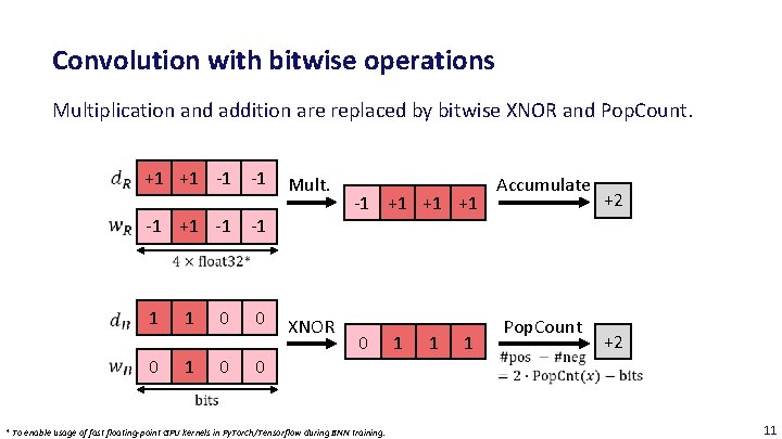 Convolution with bitwise operations Multiplication and addition are replaced by bitwise XNOR and Pop.