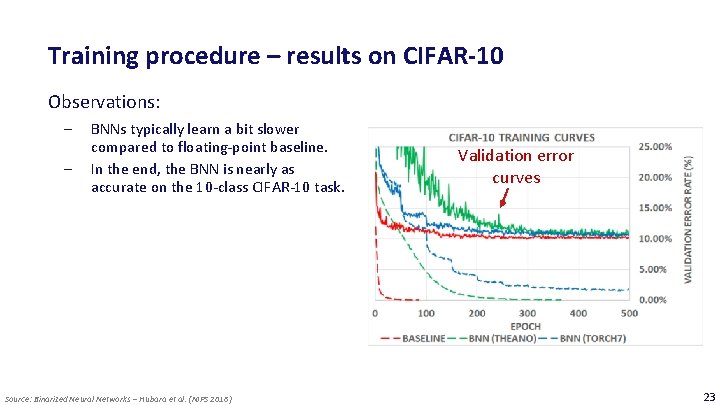 Training procedure – results on CIFAR-10 Observations: ‒ ‒ BNNs typically learn a bit