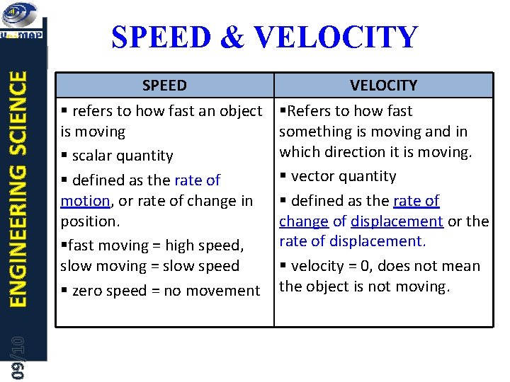 09/10 ENGINEERING SCIENCE SPEED & VELOCITY SPEED § refers to how fast an object