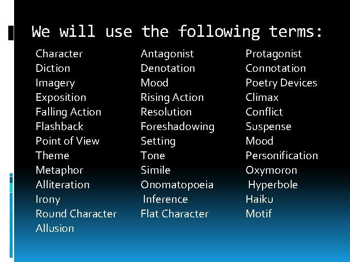 We will use the following terms: Character Diction Imagery Exposition Falling Action Flashback Point