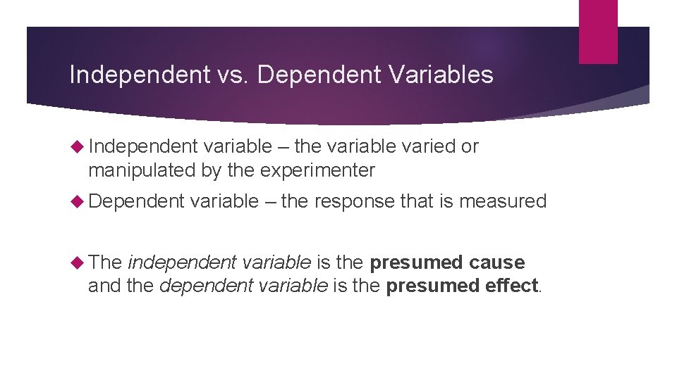 Independent vs. Dependent Variables Independent variable – the variable varied or manipulated by the Independent vs. Dependent Variables Independent variable – the variable varied or manipulated by the